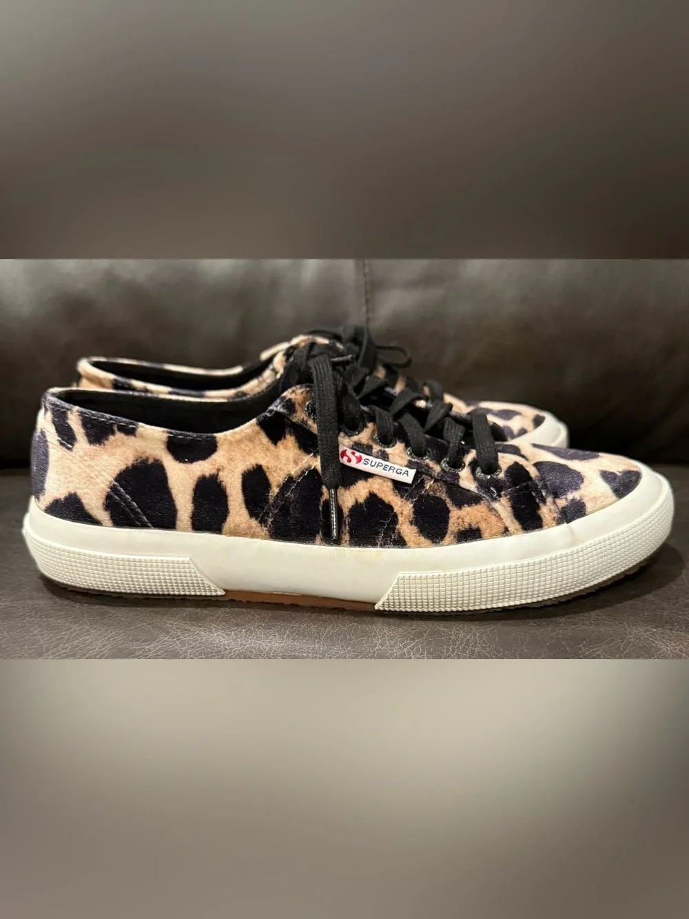 Superga Black and Tan Leopard Print Velvet Sneakers - Picture 2 of 7